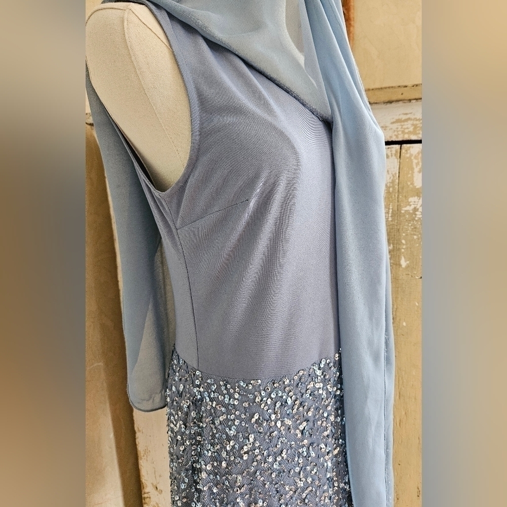 JKARA Blue Sequence Asymmetrical Cape/Shawl Flutter Sleeves Sheath Dress-Size 6P - Picture 8 of 9